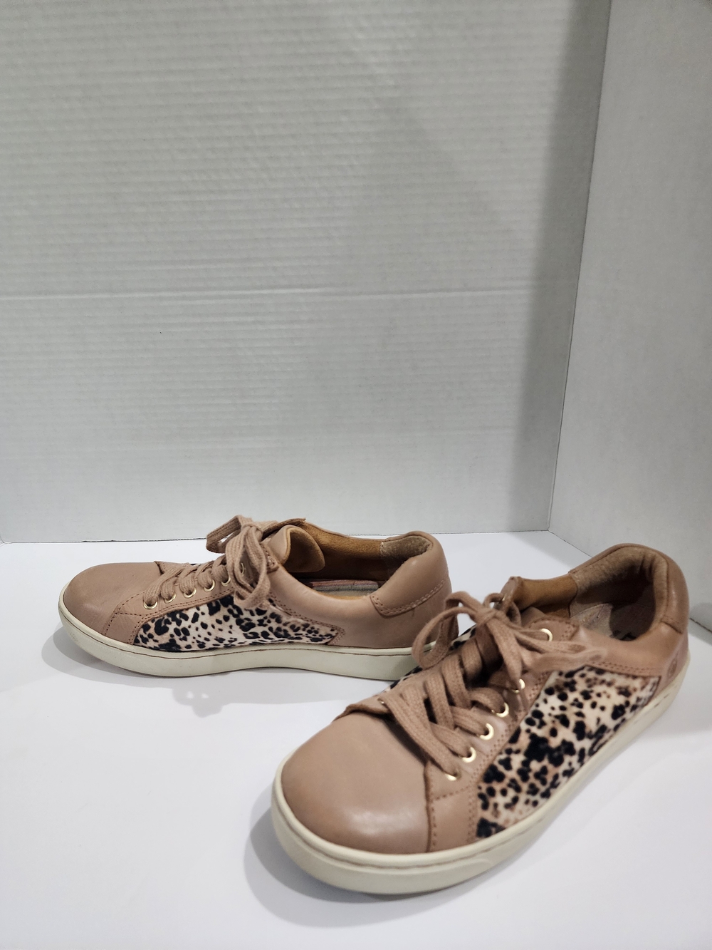 Born Leather Velour Contast Beige Sneakers with Leopard Side Panels 8